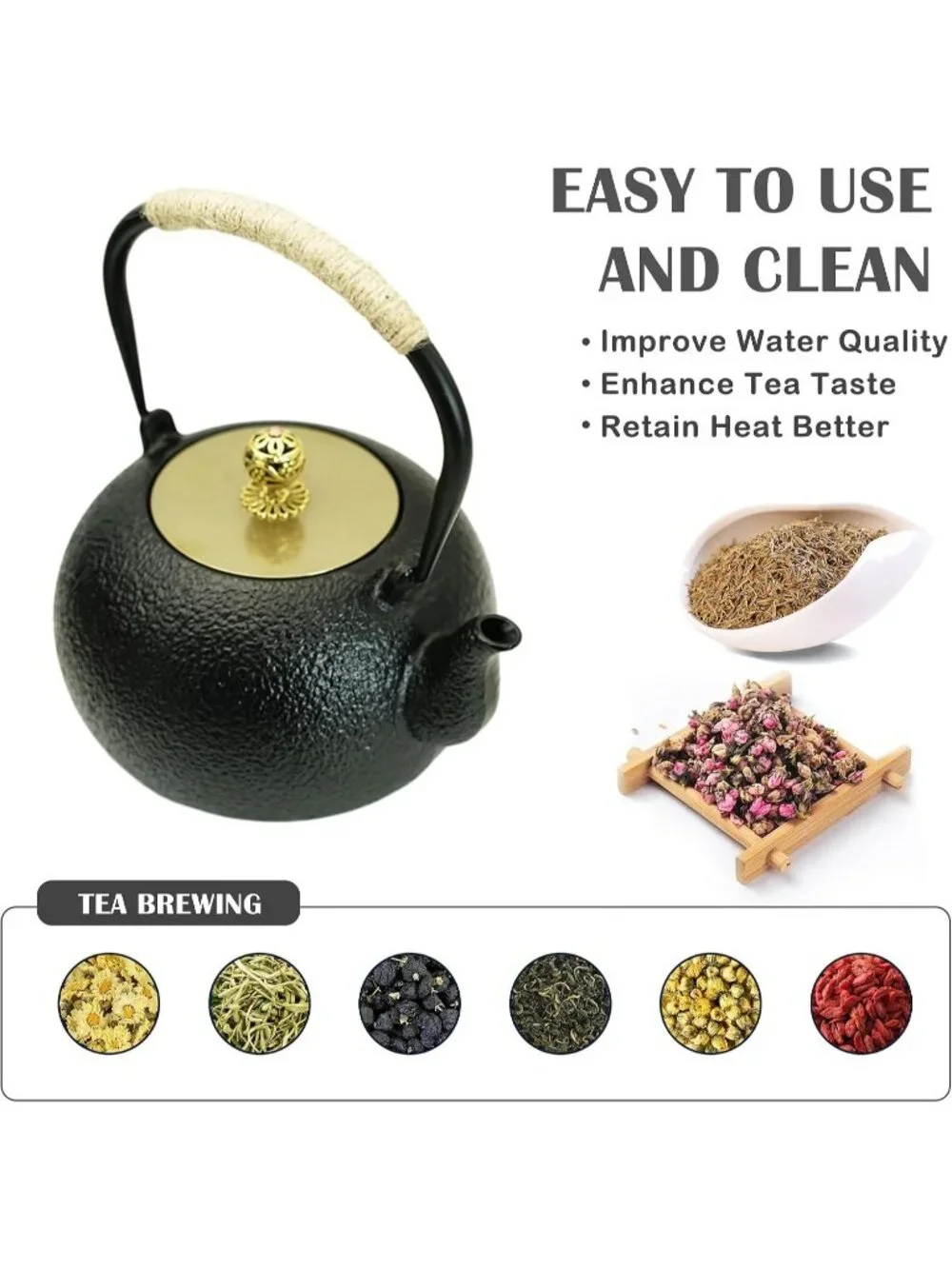 Black Cast Iron Kitchen Japanese Tetsubin Tea Pot 40.6oz Stovetop Infuser Pot